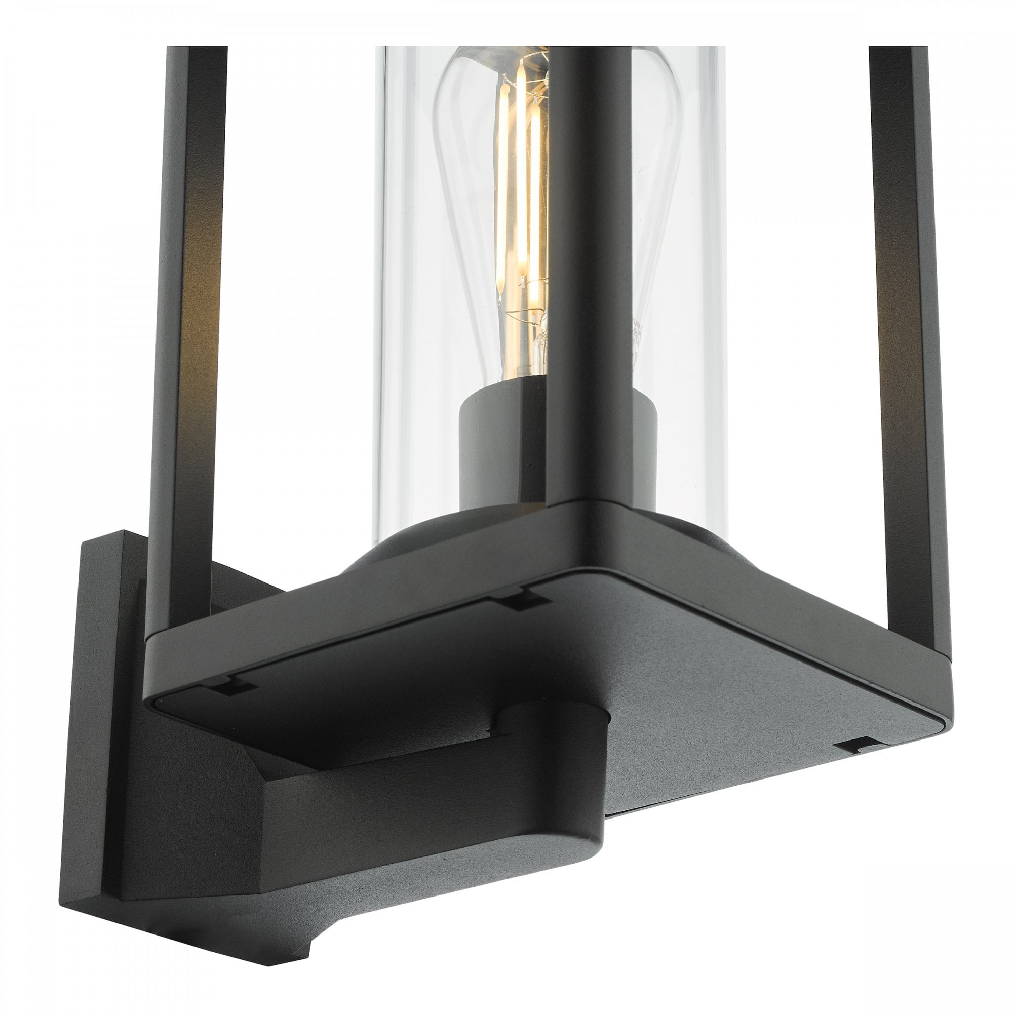 Close-up of the base of a black outdoor wall light, showing the clean lines and design.
