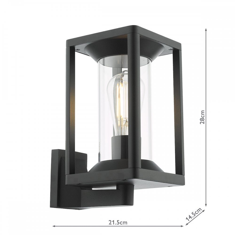 A black outdoor wall light with dimensions of 28cm high, 21.5cm wide, and 14.5cm deep.