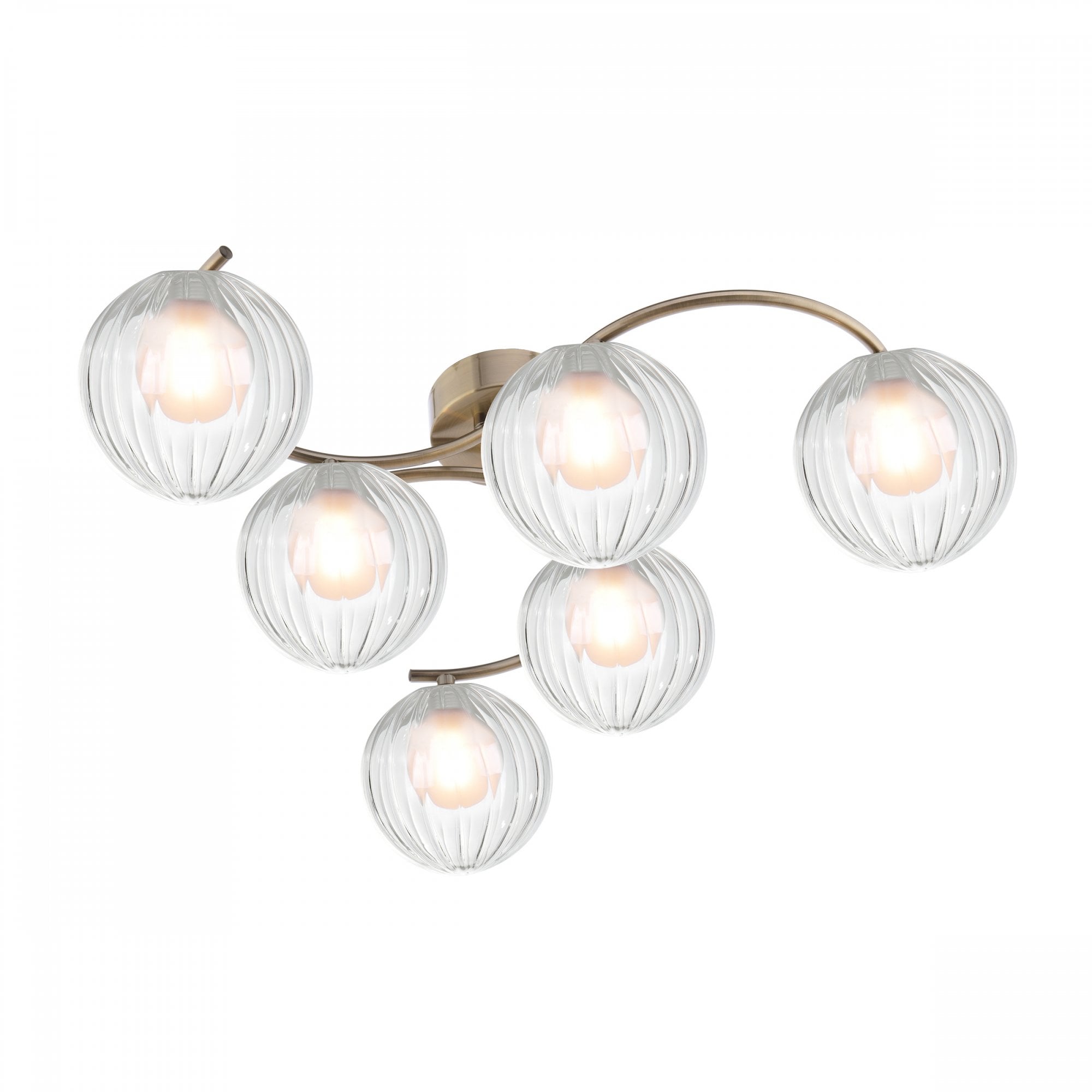 A modern ceiling light fixture with six ribbed glass globes on a curved brass frame.
