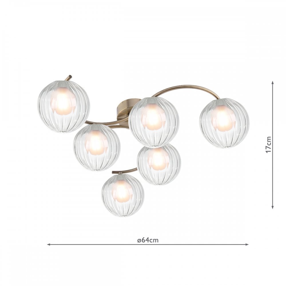 A modern ceiling light fixture with six ribbed glass globes and dimensions of 64cm x 17cm.