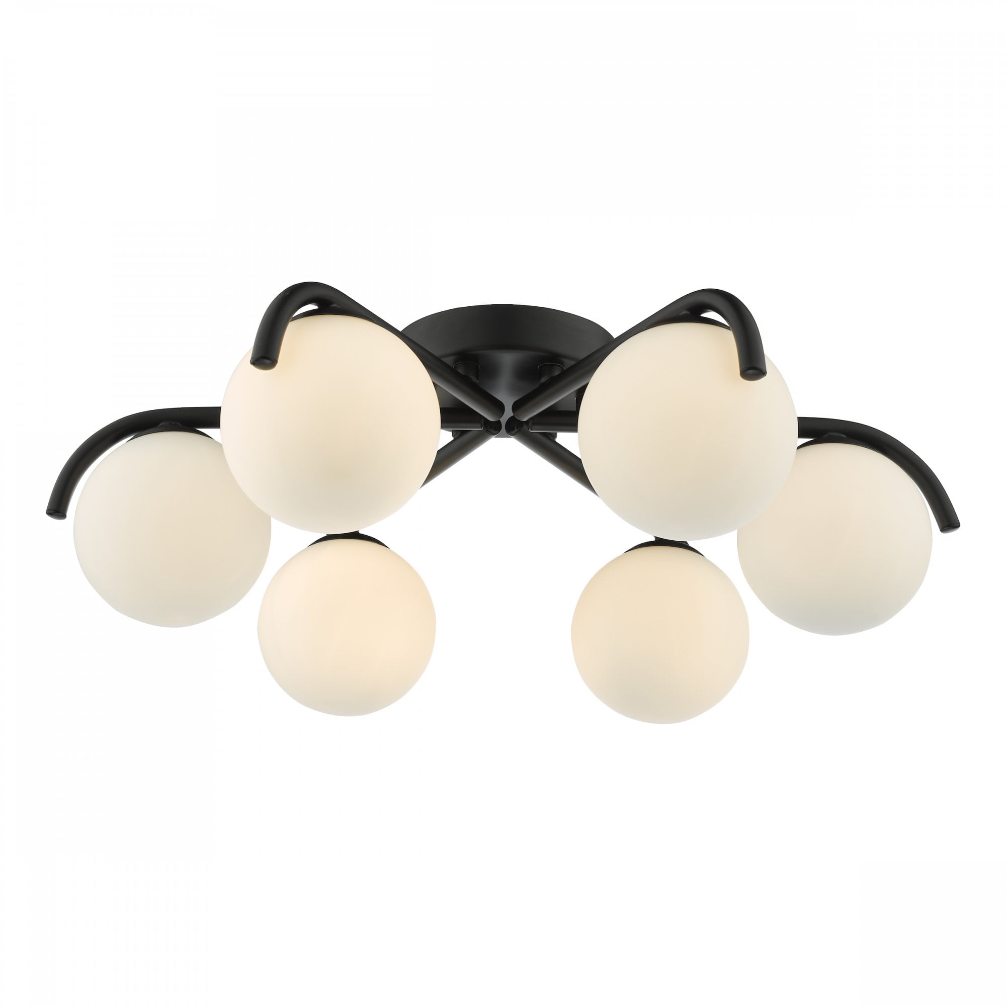 Modern black ceiling light with six globe-shaped diffusers.