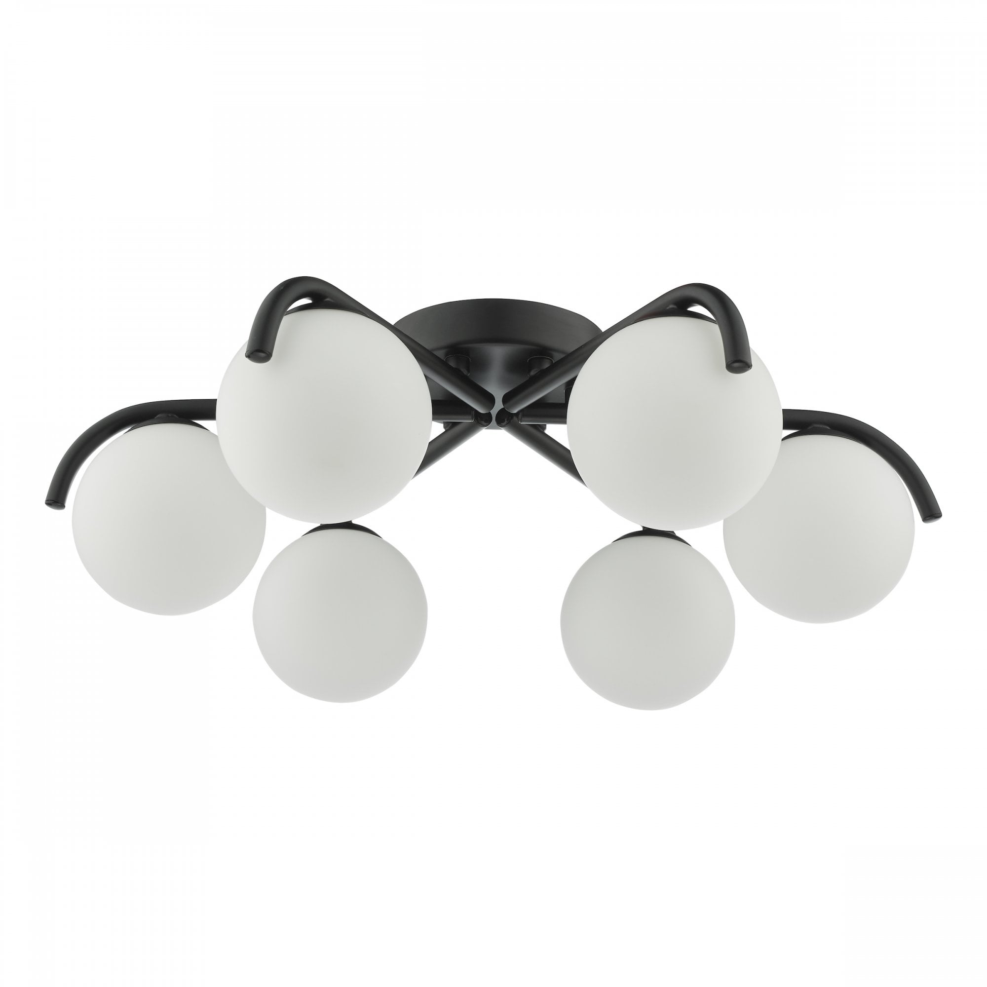 Contemporary black ceiling fixture featuring six spherical white diffusers.