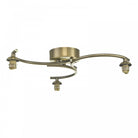 A three-light ceiling fixture with an antique brass finish, shown without the shades.
