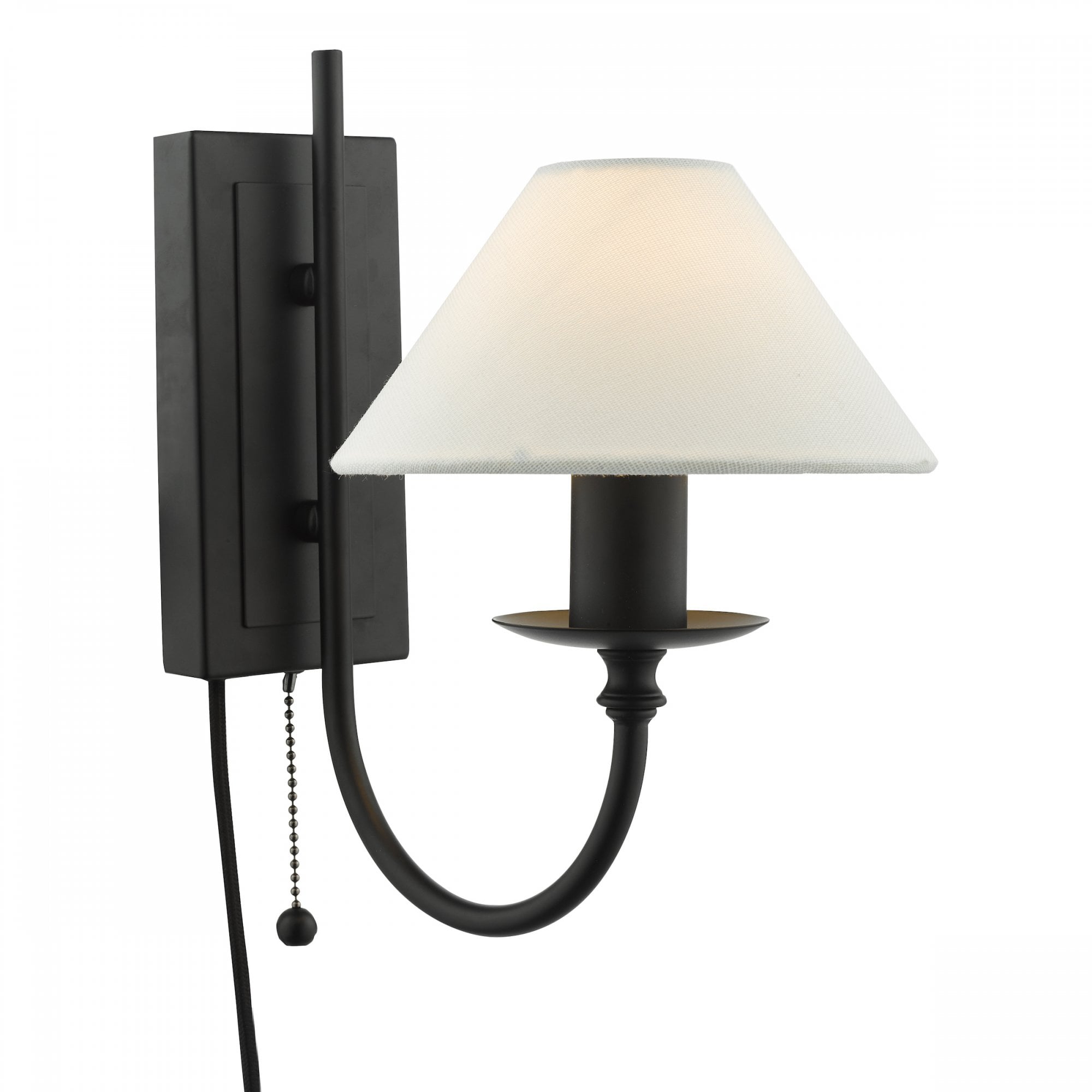 A black wall sconce with a white conical shade and a pull chain switch.