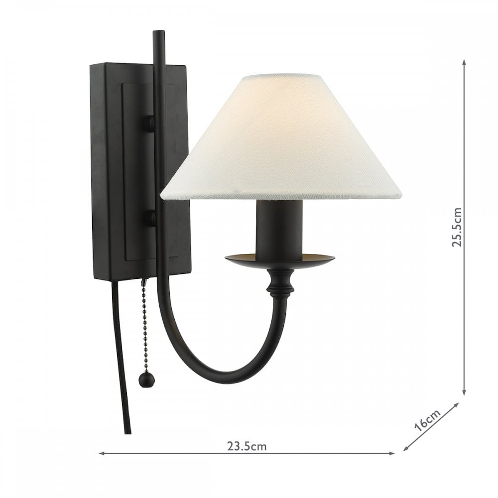 A black wall sconce with a white shade and dimensions displayed.