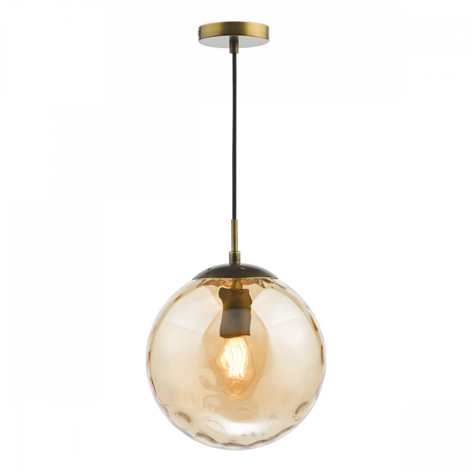 A hanging glass pendant light with a textured amber globe and a brass fixture.