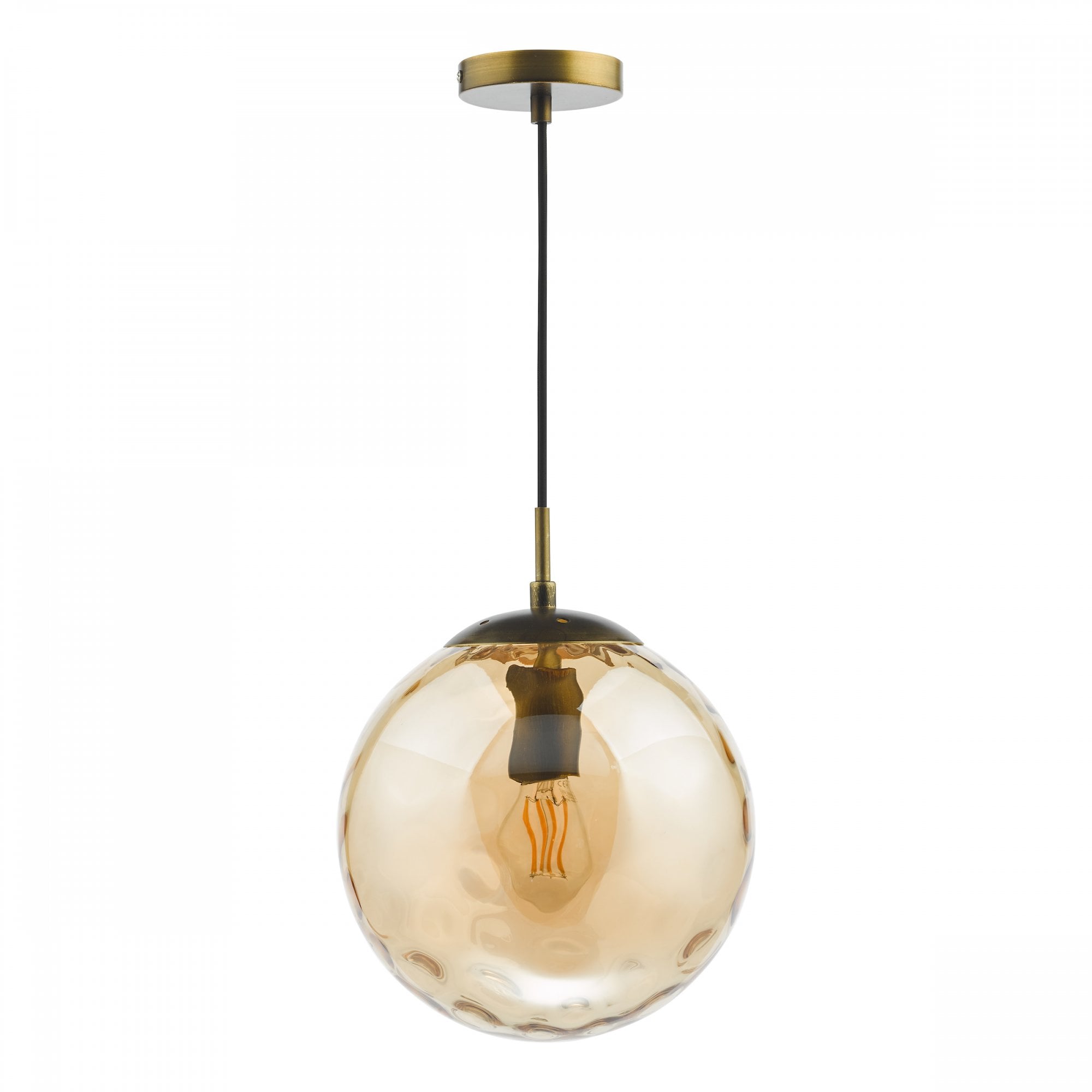 A hanging glass pendant light with a textured amber globe and a brass fixture.