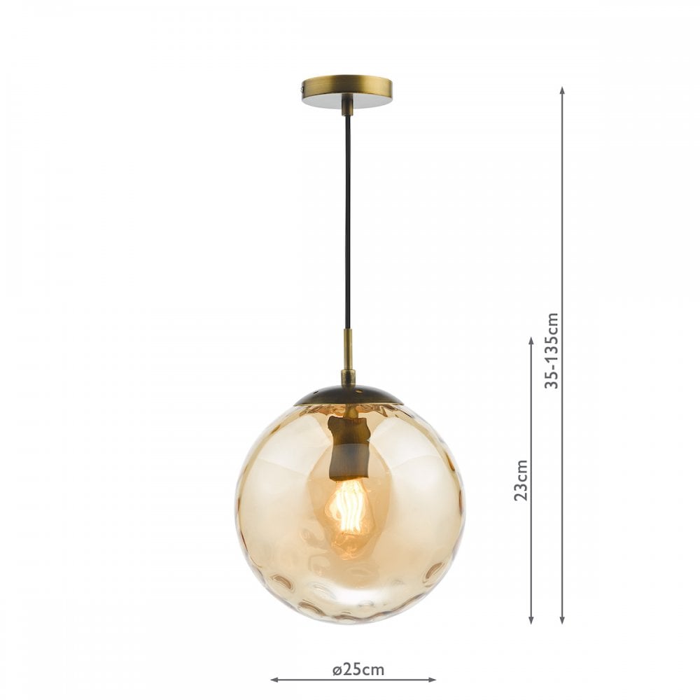 A hanging amber glass pendant light with dimensions shown next to it on a white background.