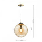 A hanging amber glass pendant light with dimensions shown next to it on a white background.