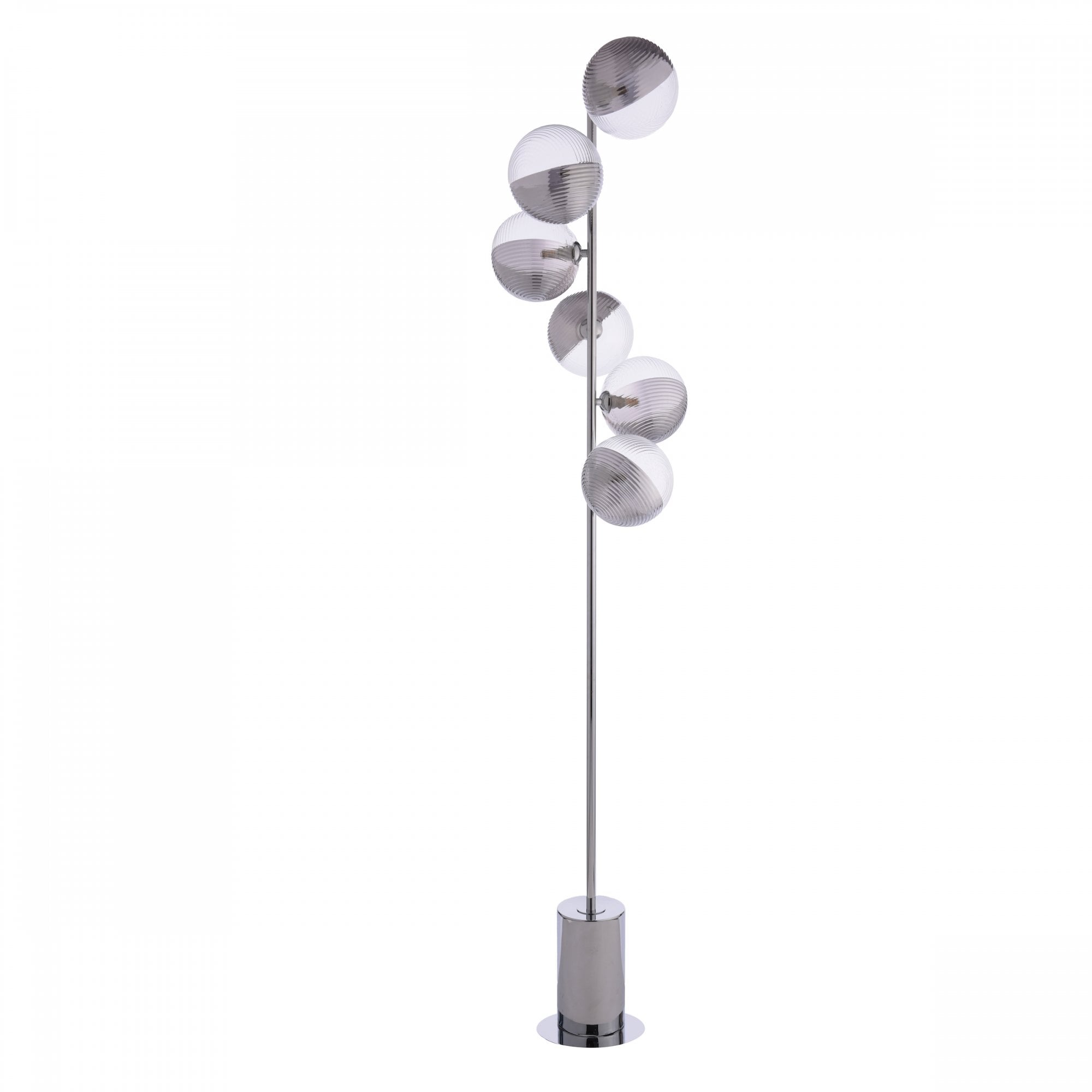 A modern chrome floor lamp with five spherical glass shades in an ascending spiral pattern.