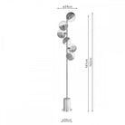 A modern chrome floor lamp with five spherical glass shades and detailed dimensions.