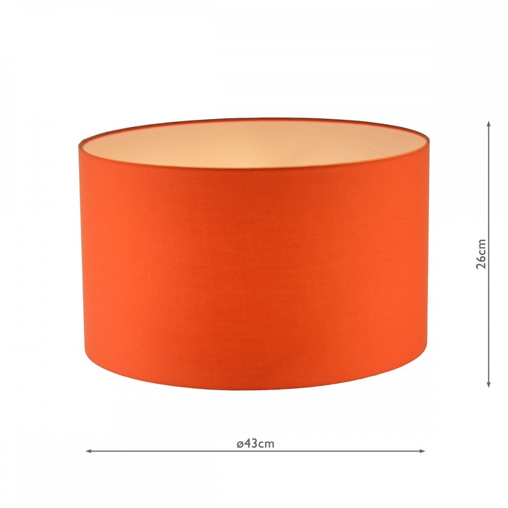 An orange drum lampshade with dimensions indicated: 43cm diameter, 26cm height.