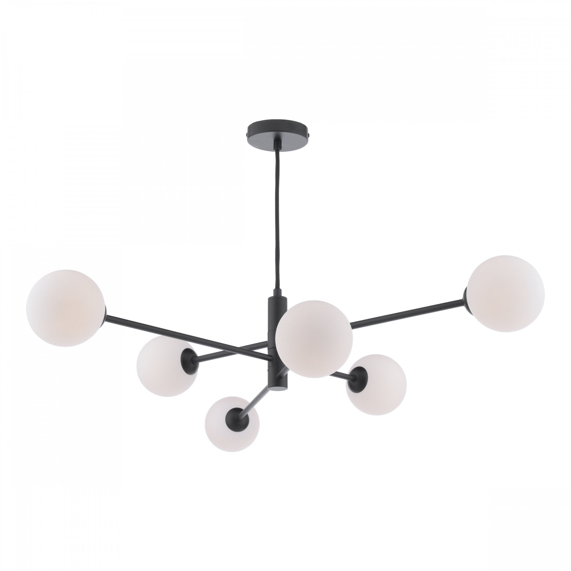 Modern black chandelier with six white spherical lights extending from a central rod.