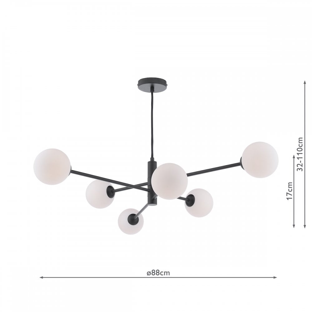Modern black chandelier with six white spherical lights, shown with dimensions.