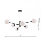 Modern black chandelier with six white spherical lights, shown with dimensions.