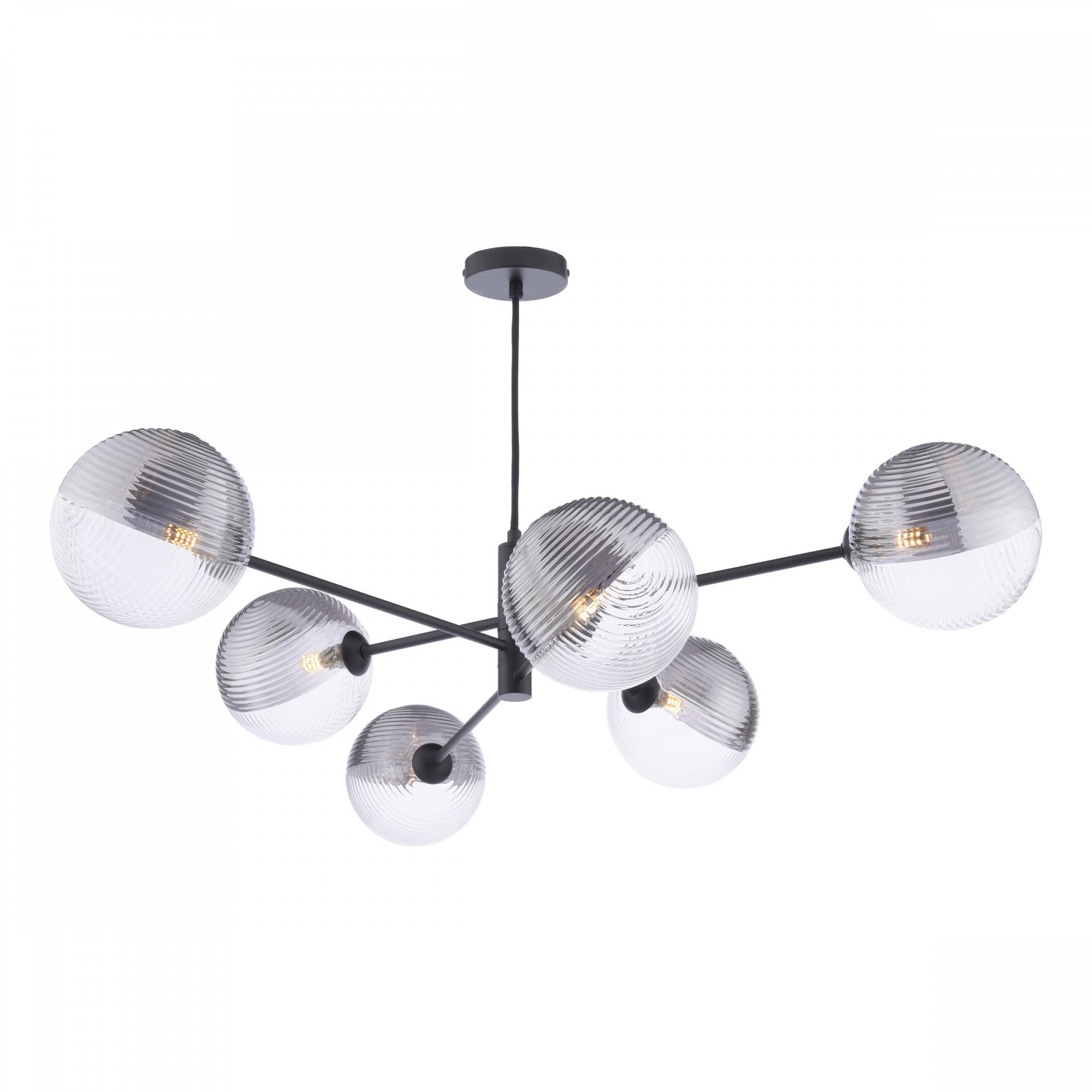 A modern black chandelier with six glass globe shades, half clear and half ribbed silver.