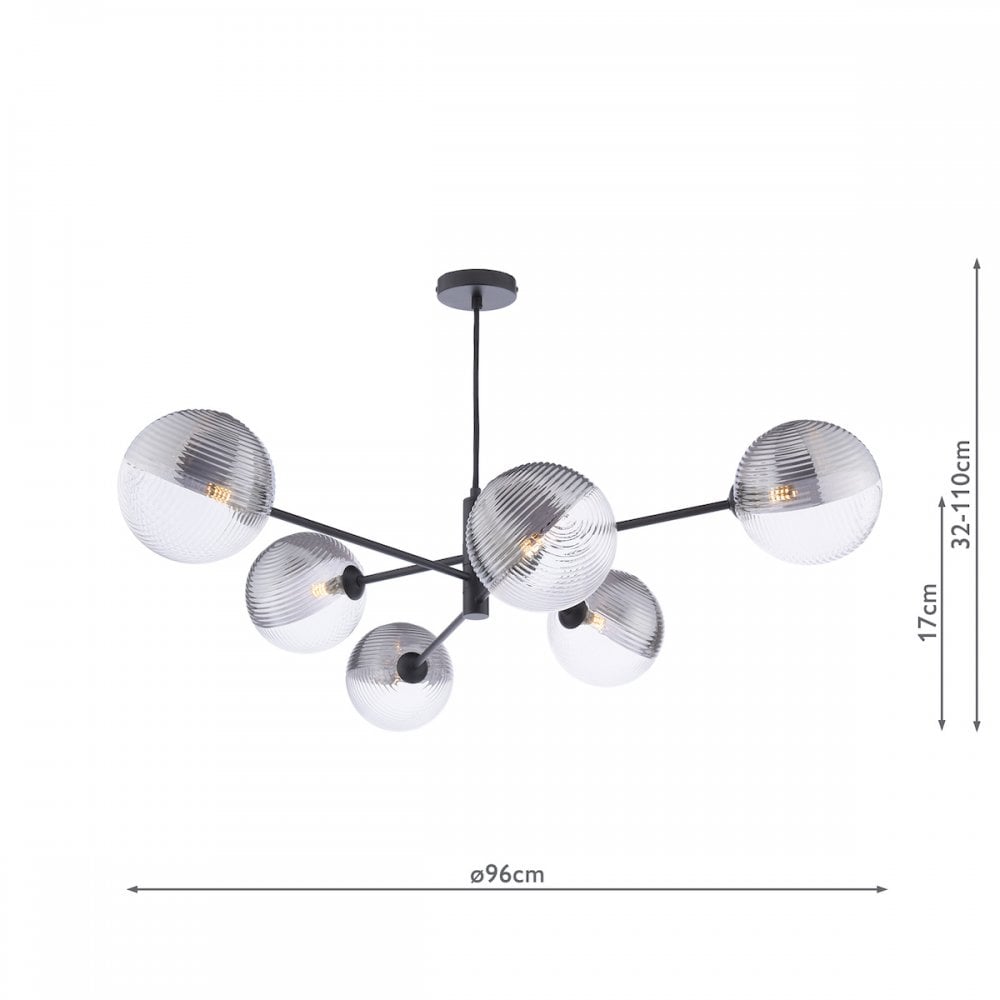 A black chandelier with six globe shades, half clear and half ribbed silver, with dimensions.