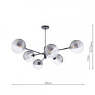A black chandelier with six globe shades, half clear and half ribbed silver, with dimensions.