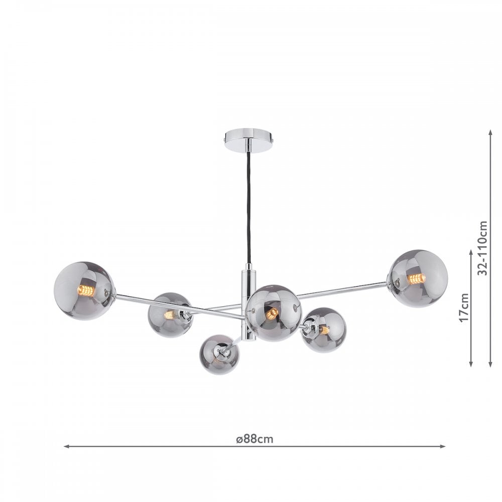 A modern chrome chandelier with six smoked glass globes and dimensions indicated.