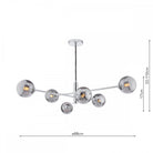 A modern chrome chandelier with six smoked glass globes and dimensions indicated.