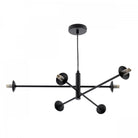 Modern black chandelier with six lights, extending from a central rod and ceiling mount.