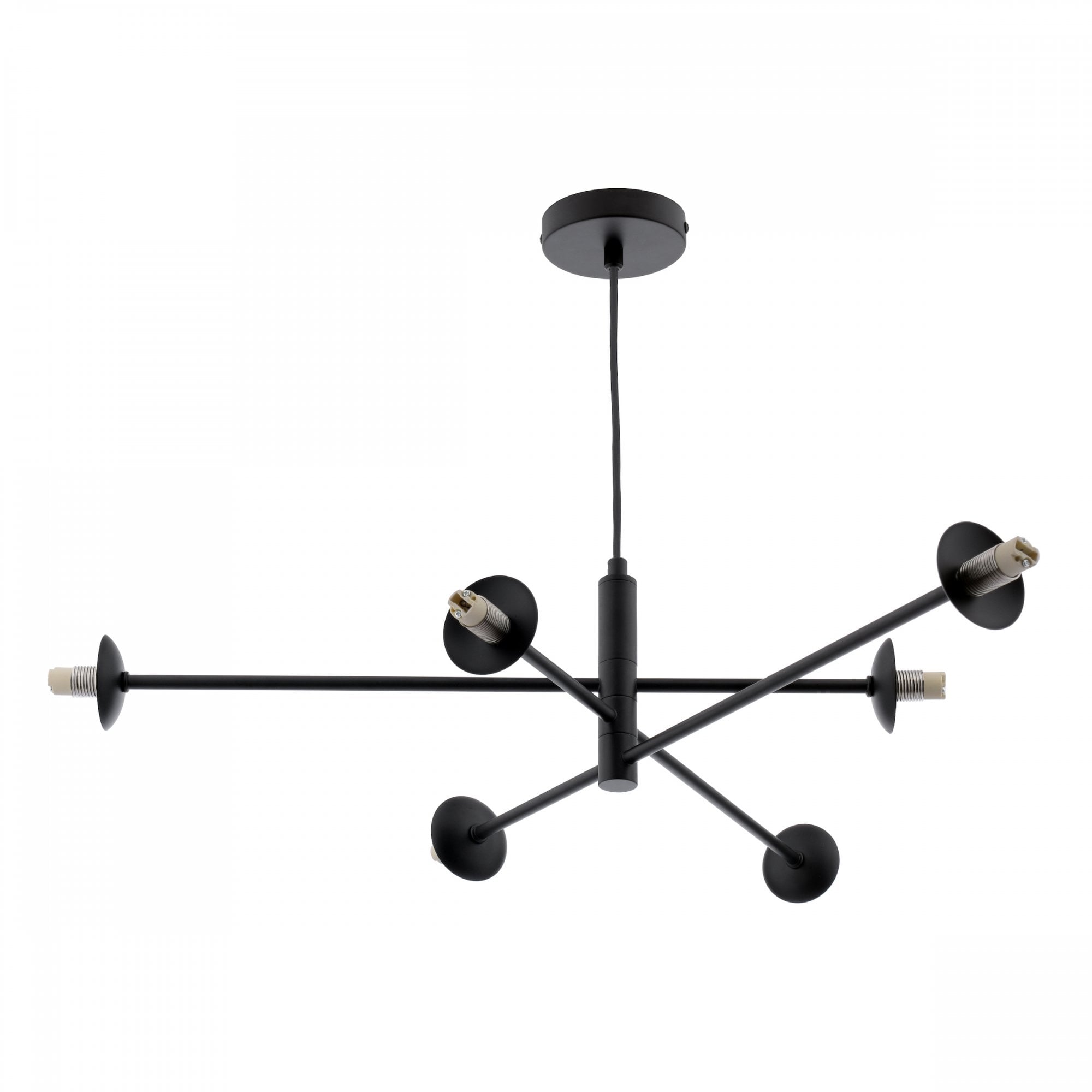 Modern black chandelier with six lights, extending from a central rod and ceiling mount.