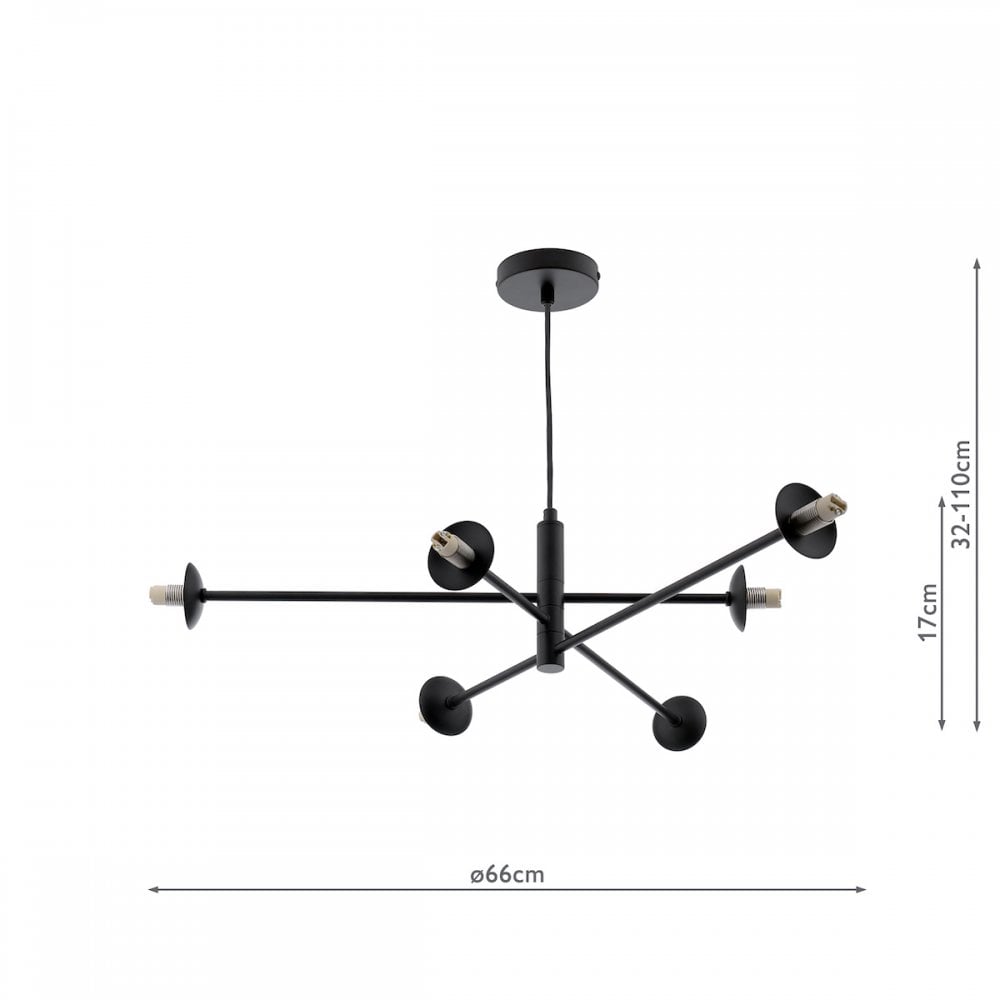 Modern black chandelier with six lights and dimensions: 66cm width, 32-110cm height.