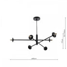 Modern black chandelier with six lights and dimensions: 66cm width, 32-110cm height.