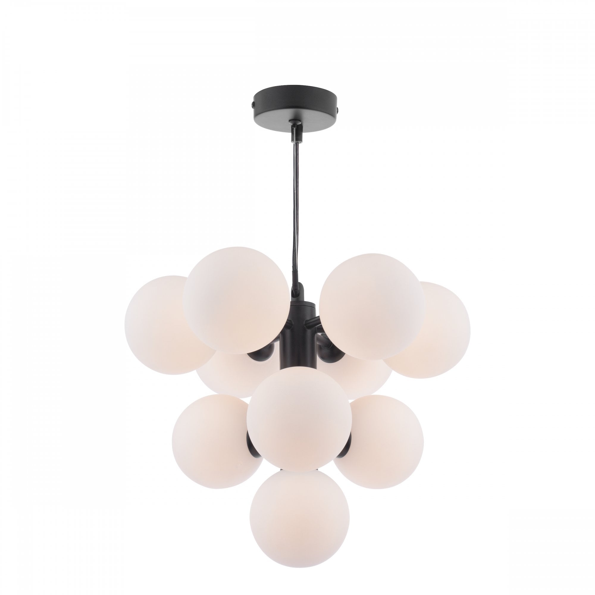 Modern black chandelier with ten white globe lights hanging from a black cord.