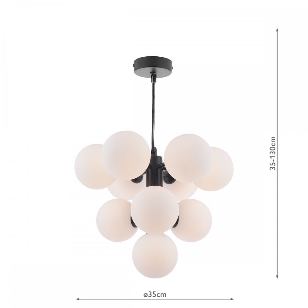 Modern black chandelier with ten white globe lights, showing dimensions.
