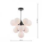 Modern black chandelier with ten white globe lights, showing dimensions.