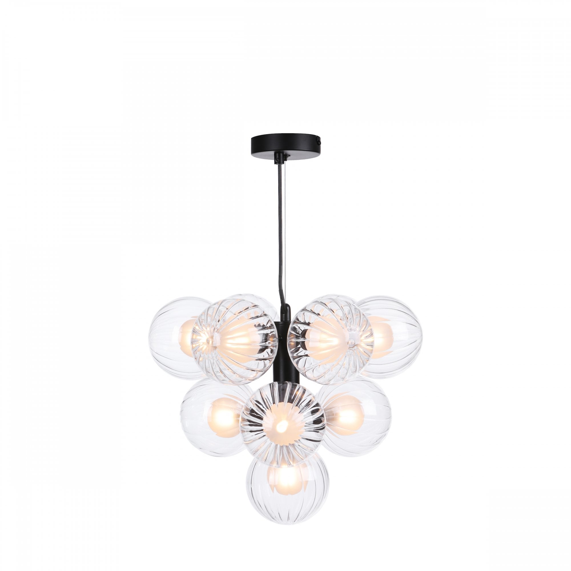 Modern chandelier with seven clear glass globes and a black ceiling mount, on white.