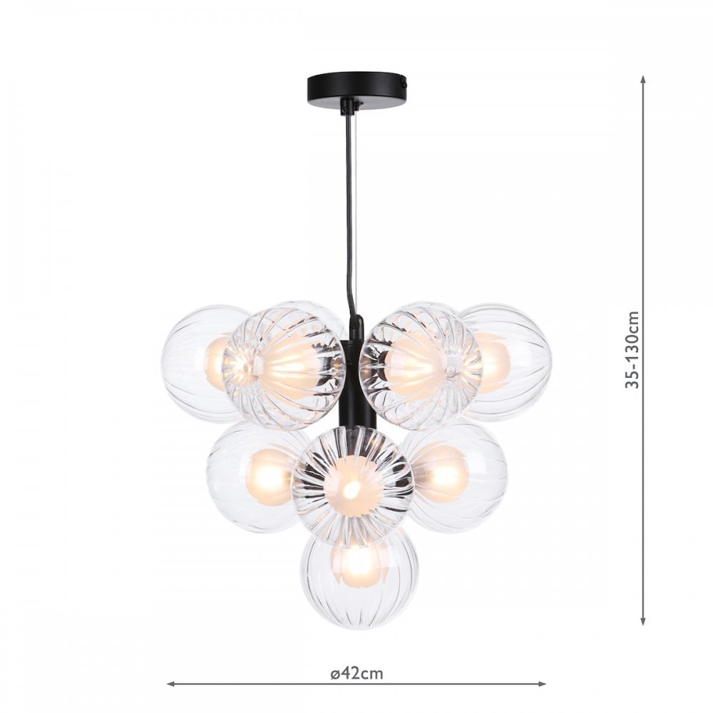 Modern chandelier with seven clear glass globes, black mount, and dimensions labeled.