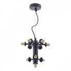 A black multi-directional chandelier featuring a modern, industrial design with exposed bulbs.