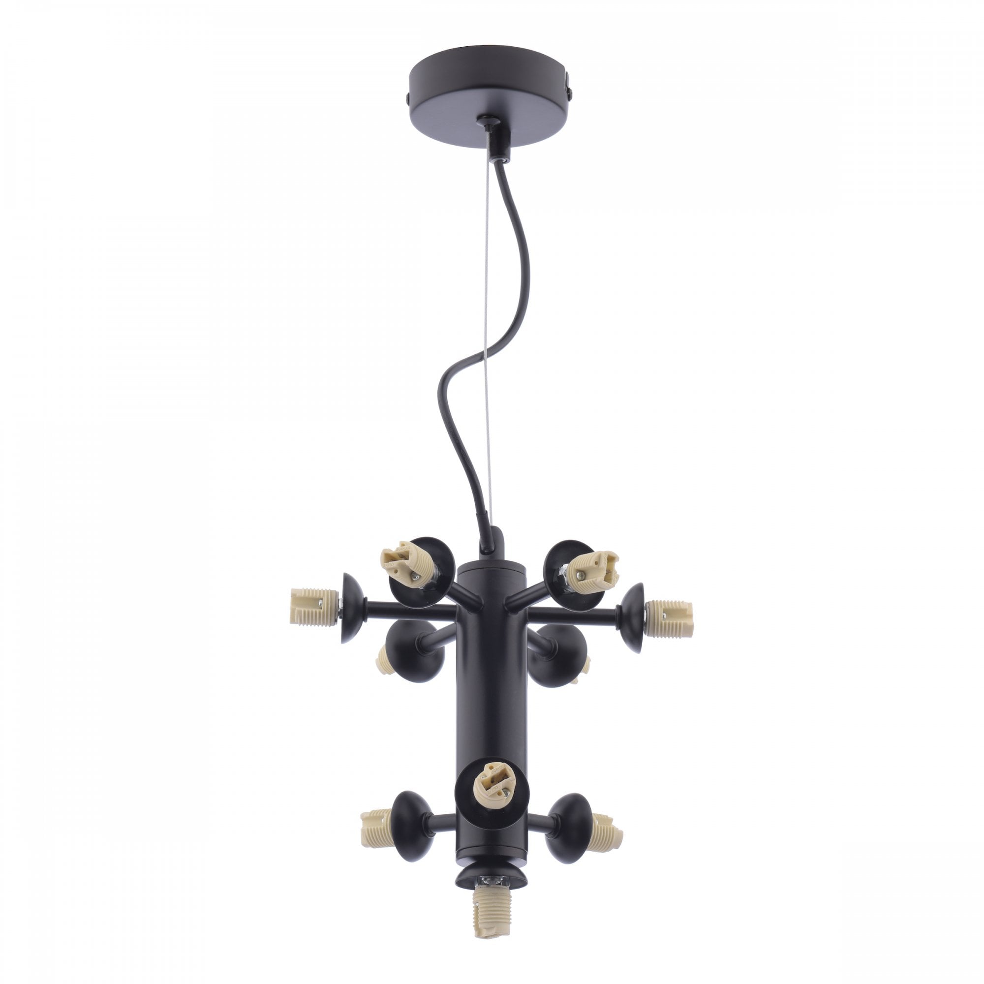 A black multi-directional chandelier featuring a modern, industrial design with exposed bulbs.