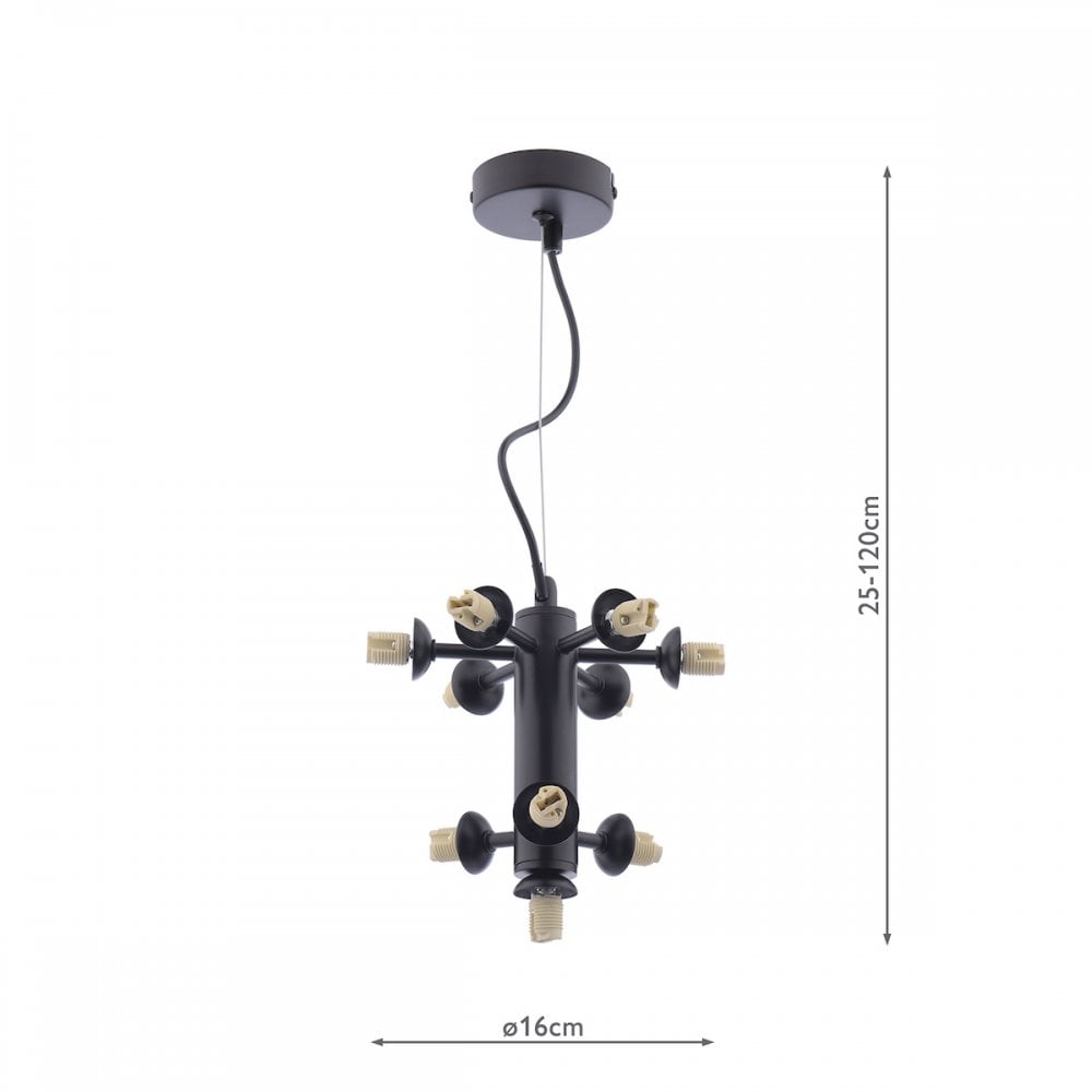 A black chandelier with exposed bulbs, showing dimensions of 16cm width and 25-120cm height.