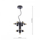 A black chandelier with exposed bulbs, showing dimensions of 16cm width and 25-120cm height.