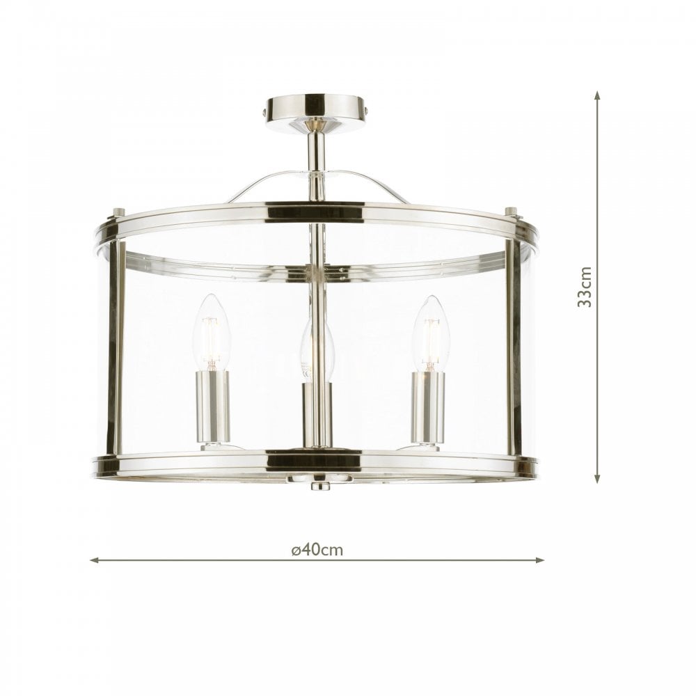 A chrome semi-flush light with clear glass, displaying its dimensions of 40cm by 33cm.