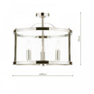 A chrome semi-flush light with clear glass, displaying its dimensions of 40cm by 33cm.