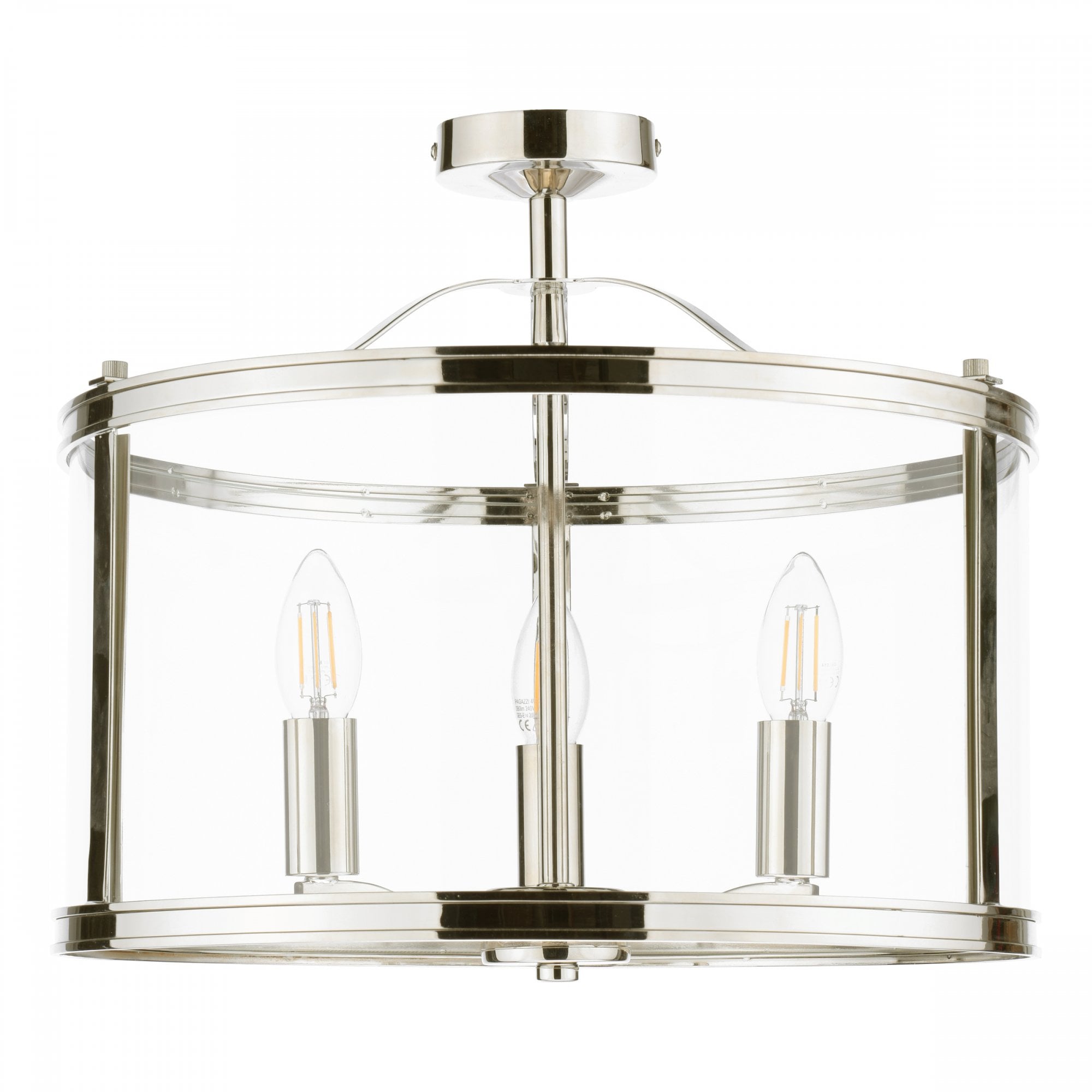 A detailed shot of a semi-flush chrome ceiling light with a clear glass shade and bulbs.