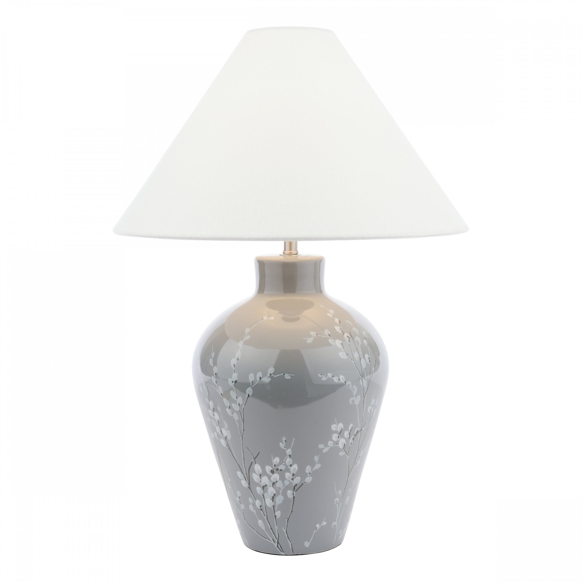 A white tapered lampshade on a grey base with white flowers on a white background.