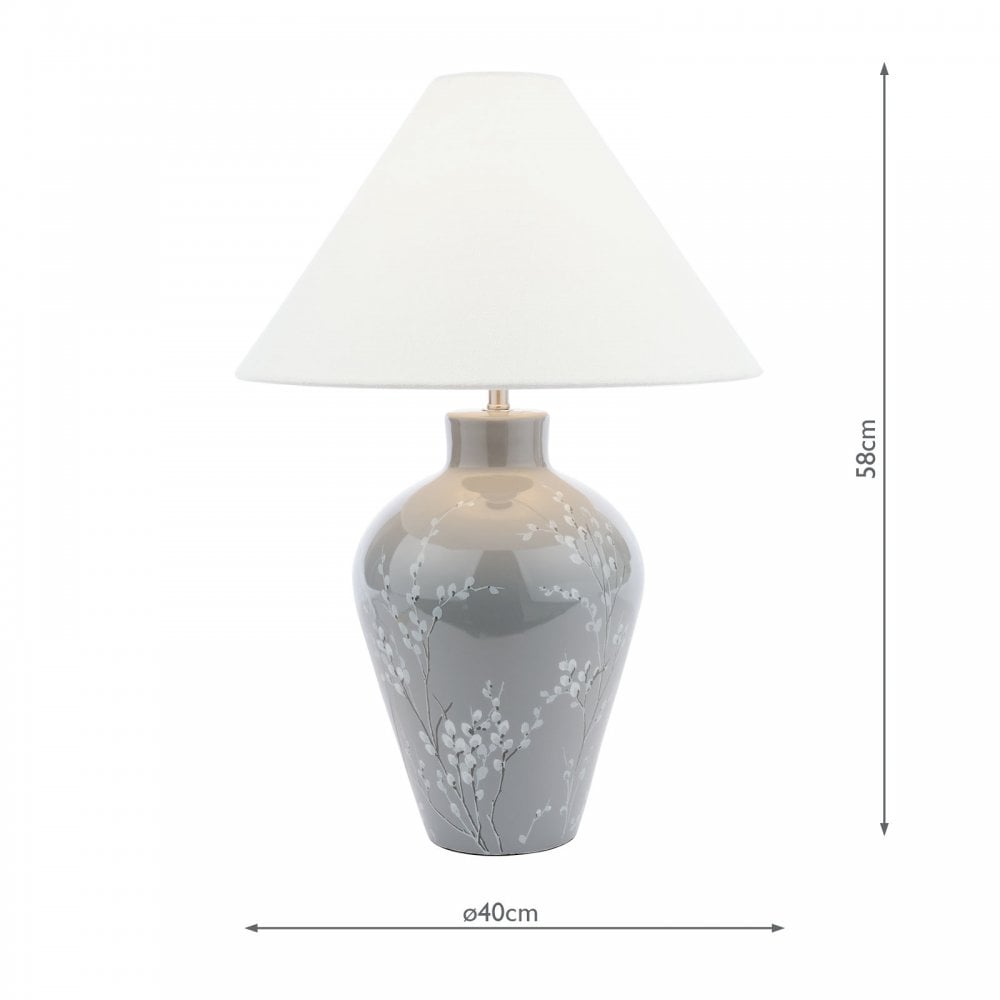A diagram of the white tapered lampshade on a grey base with its dimensions.