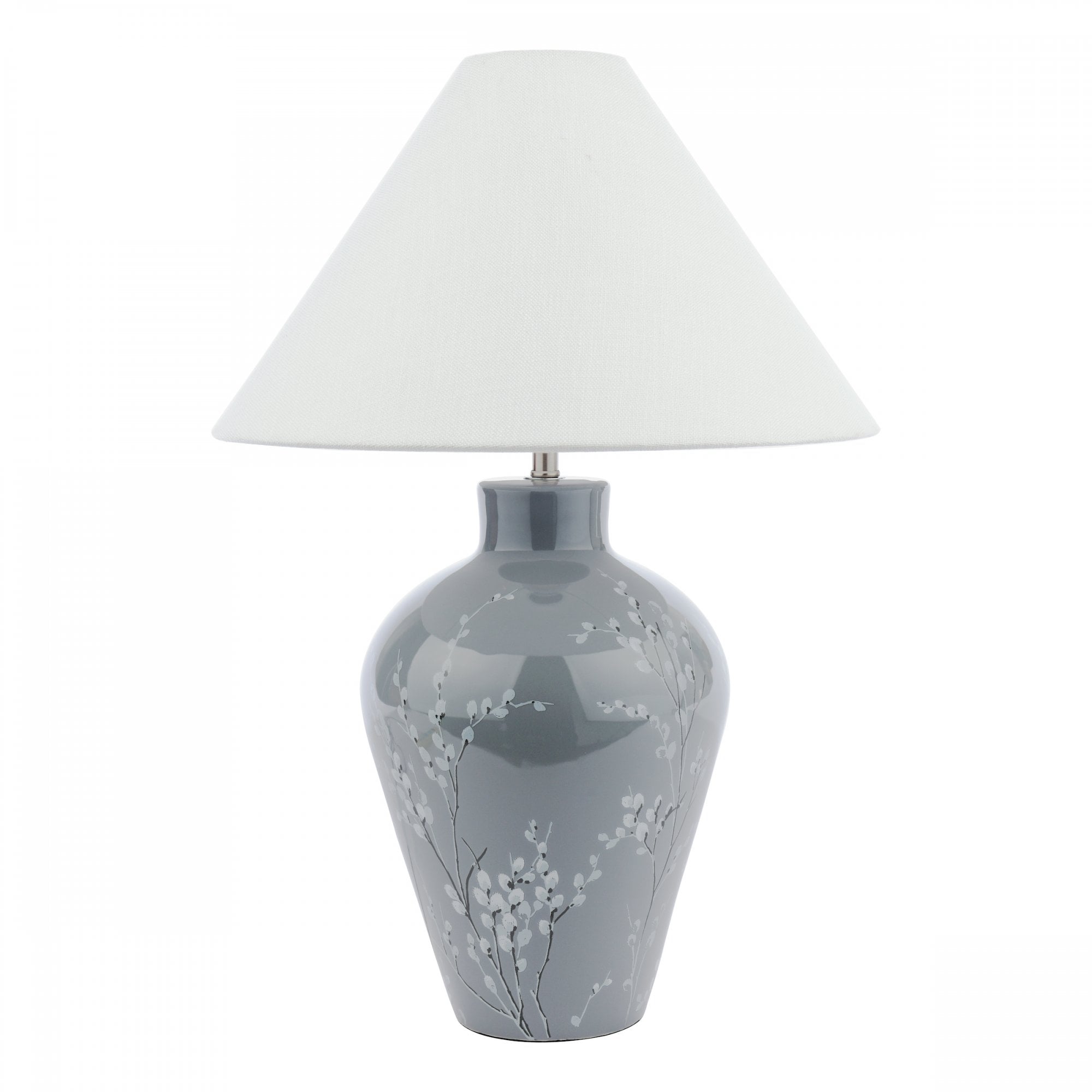 A white tapered lampshade on a grey base with white flowers on a white background.