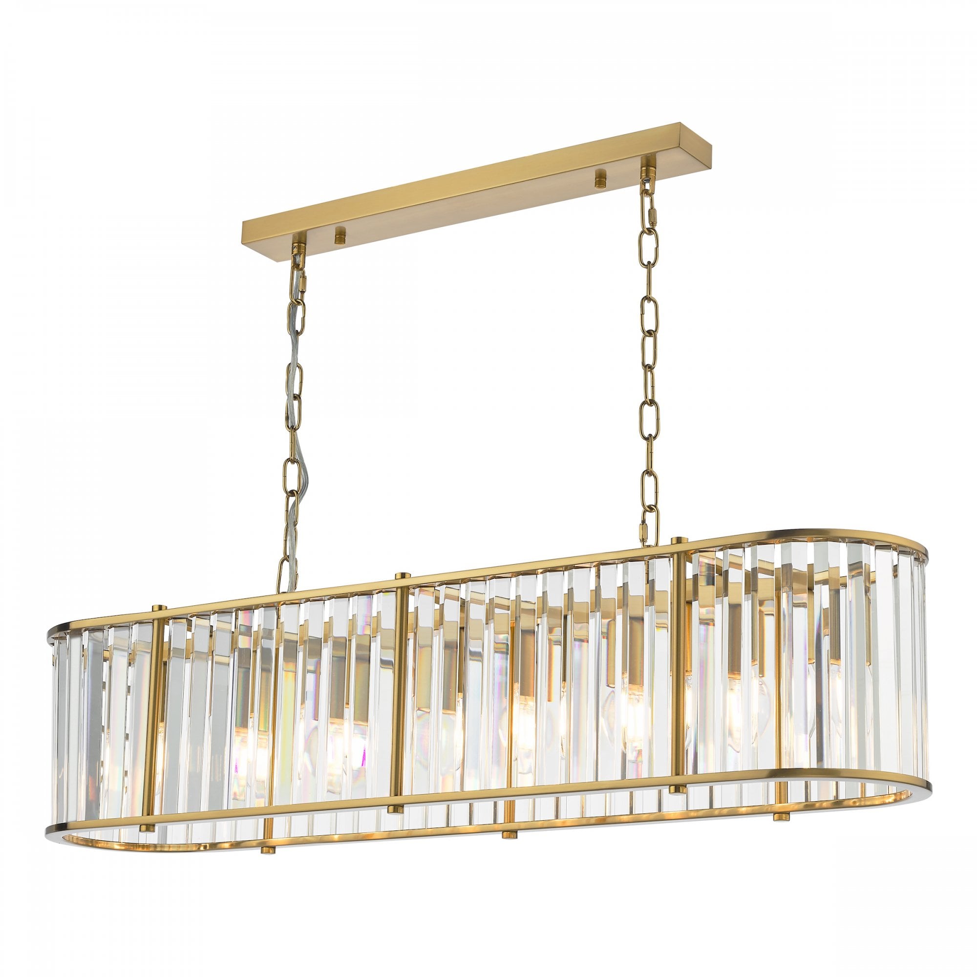 A rectangular chandelier with a gold frame and clear glass rods against a white background.