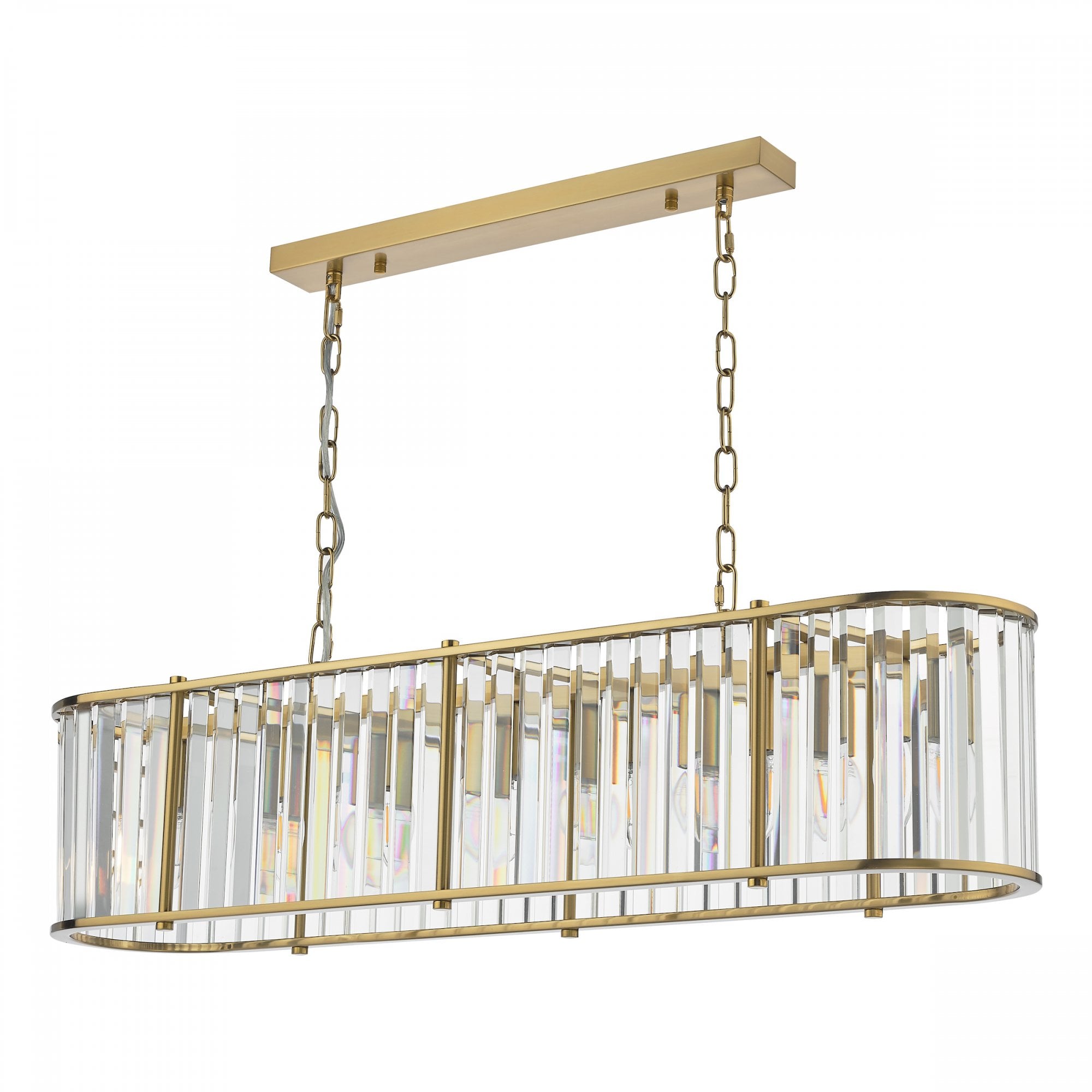 A close-up view of the rectangular chandelier, highlighting the glass rods and gold frame.