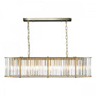 A frontal shot of the illuminated rectangular chandelier, suspended against a white background.