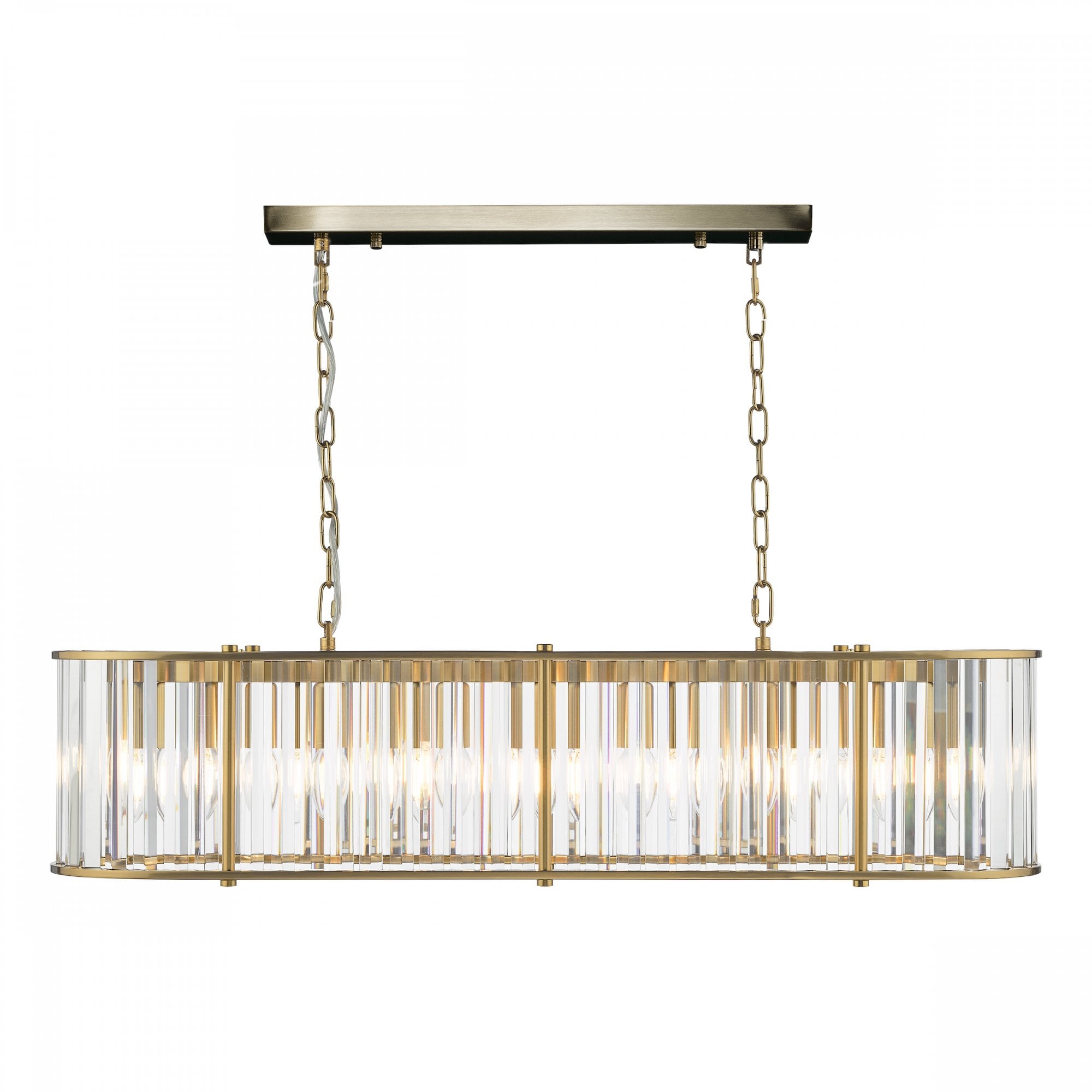 A frontal shot of the illuminated rectangular chandelier, suspended against a white background.