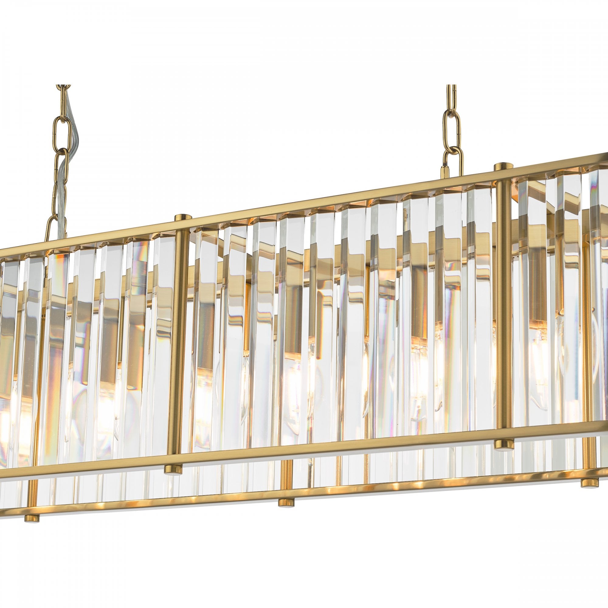 A side view of the illuminated rectangular chandelier, showcasing its gold frame and glass rods.