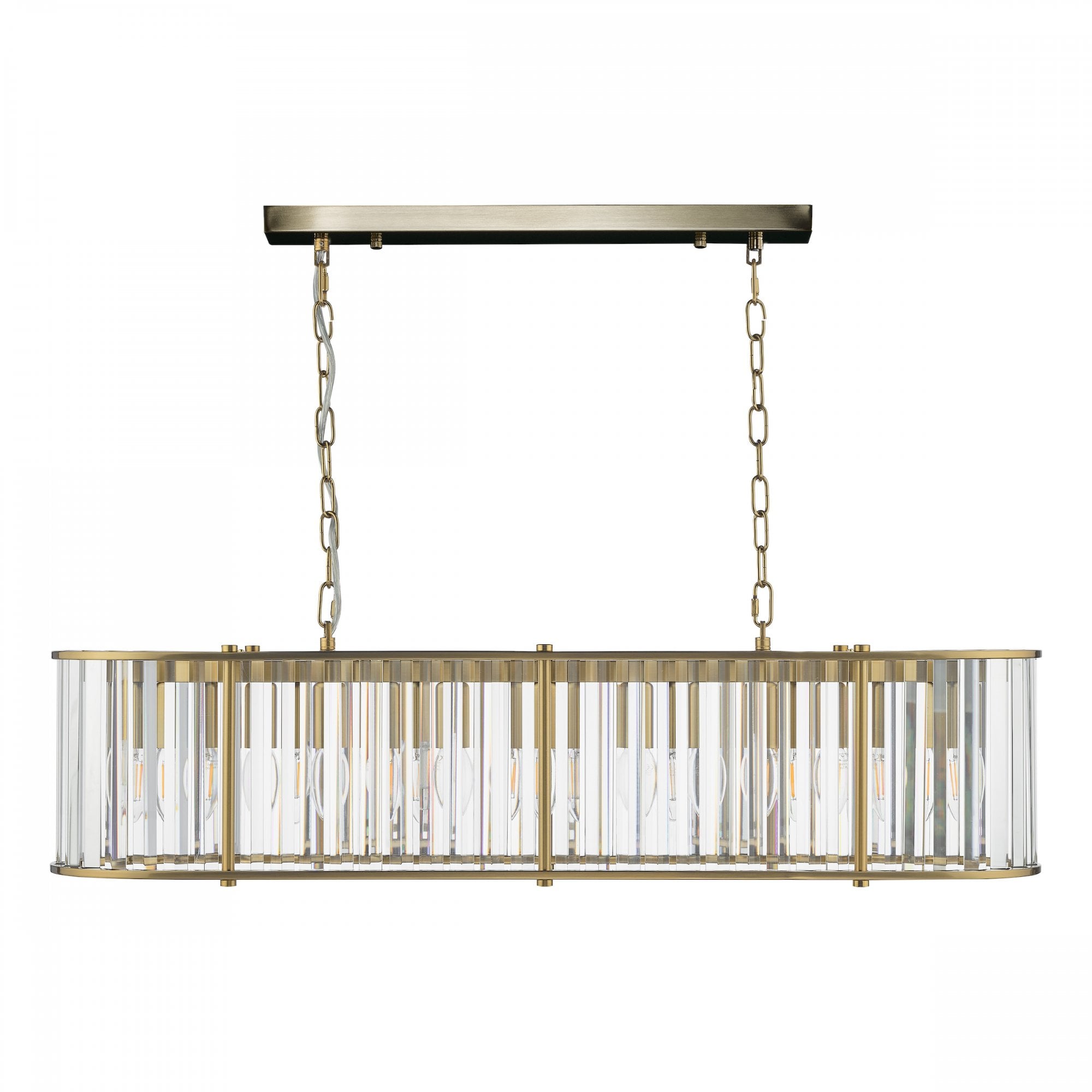 A frontal shot of the rectangular chandelier, showcasing its gold frame and clear glass rods.
