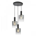 A modern black chandelier with three glass cylindrical shades of varying heights, against a white background.